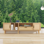 Support TV en bois de style moderne de la marque eprolo, avec espace pour appareils électroniques et décoration.