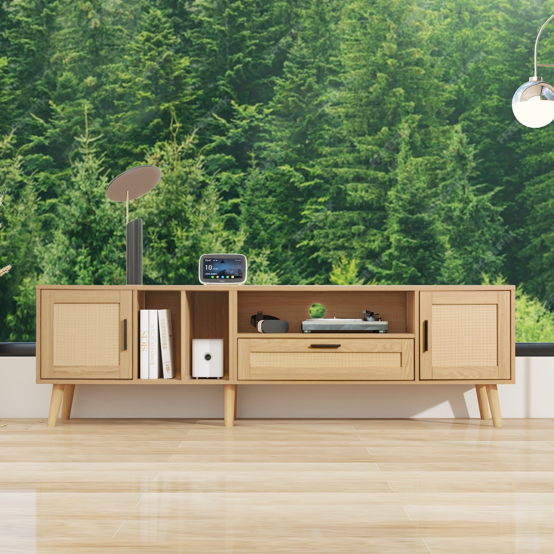 Support TV en bois de style moderne de la marque eprolo, avec espace pour appareils électroniques et décoration.