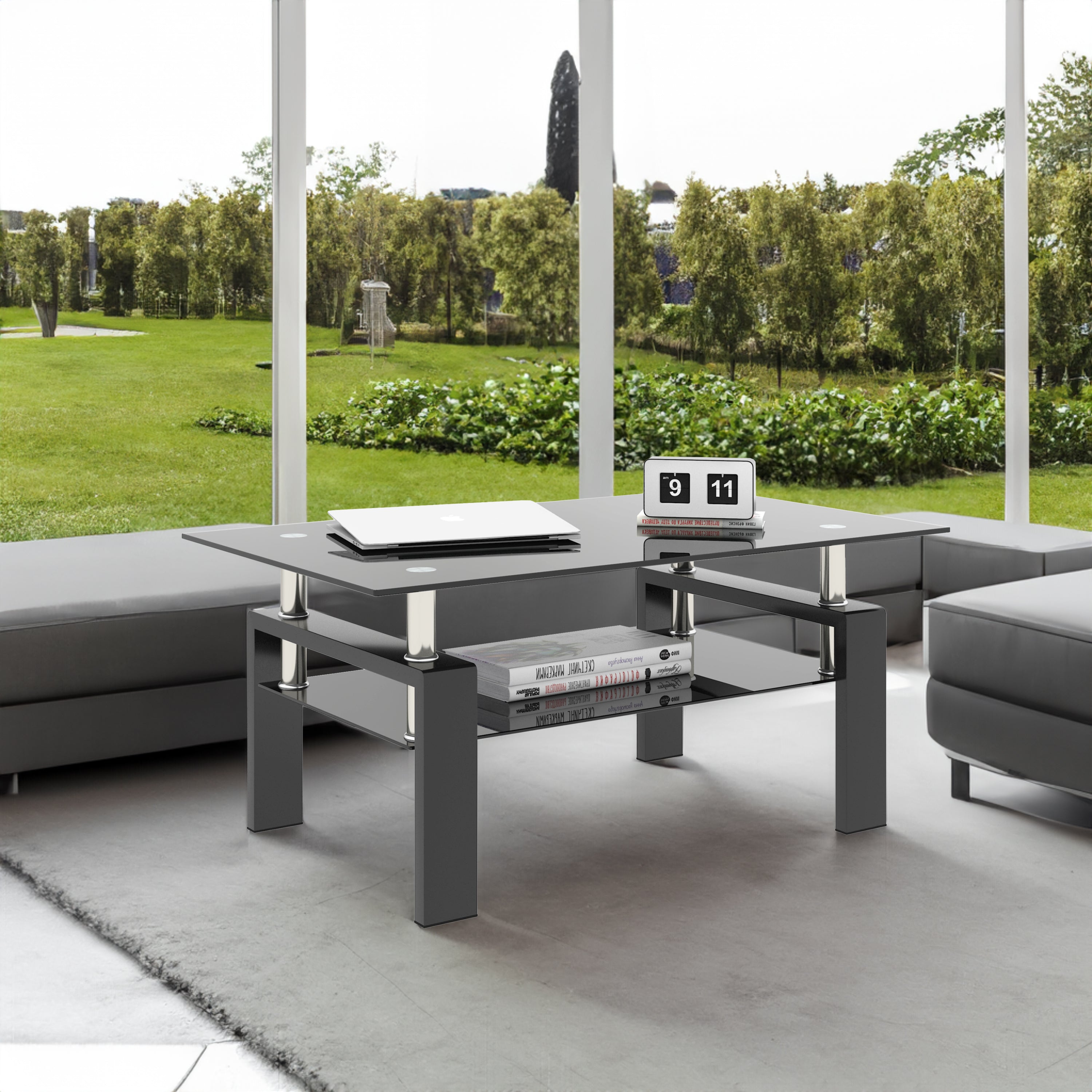 Ensemble de 2 tables basses modernes en verre trempé noir, tables d'appoint carrées pour salon, par eprolo.