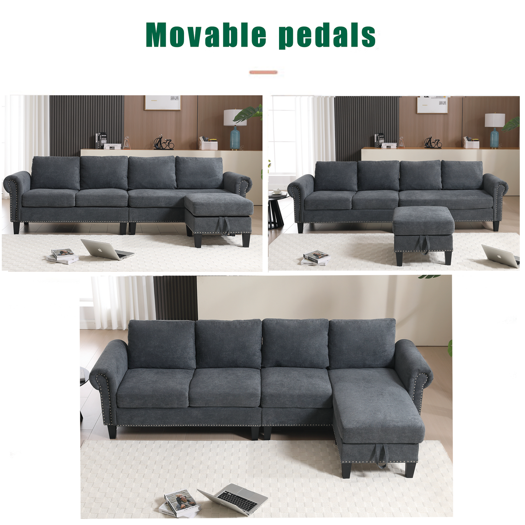 Canapé sectionnel convertible avec espace de rangement eprolo, montrant la configuration modulable et le tissu gris moderne.