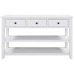 Table console rétro en bois de pin blanc antique avec deux étagères ouvertes, mobilier d'entrée élégant et solide.