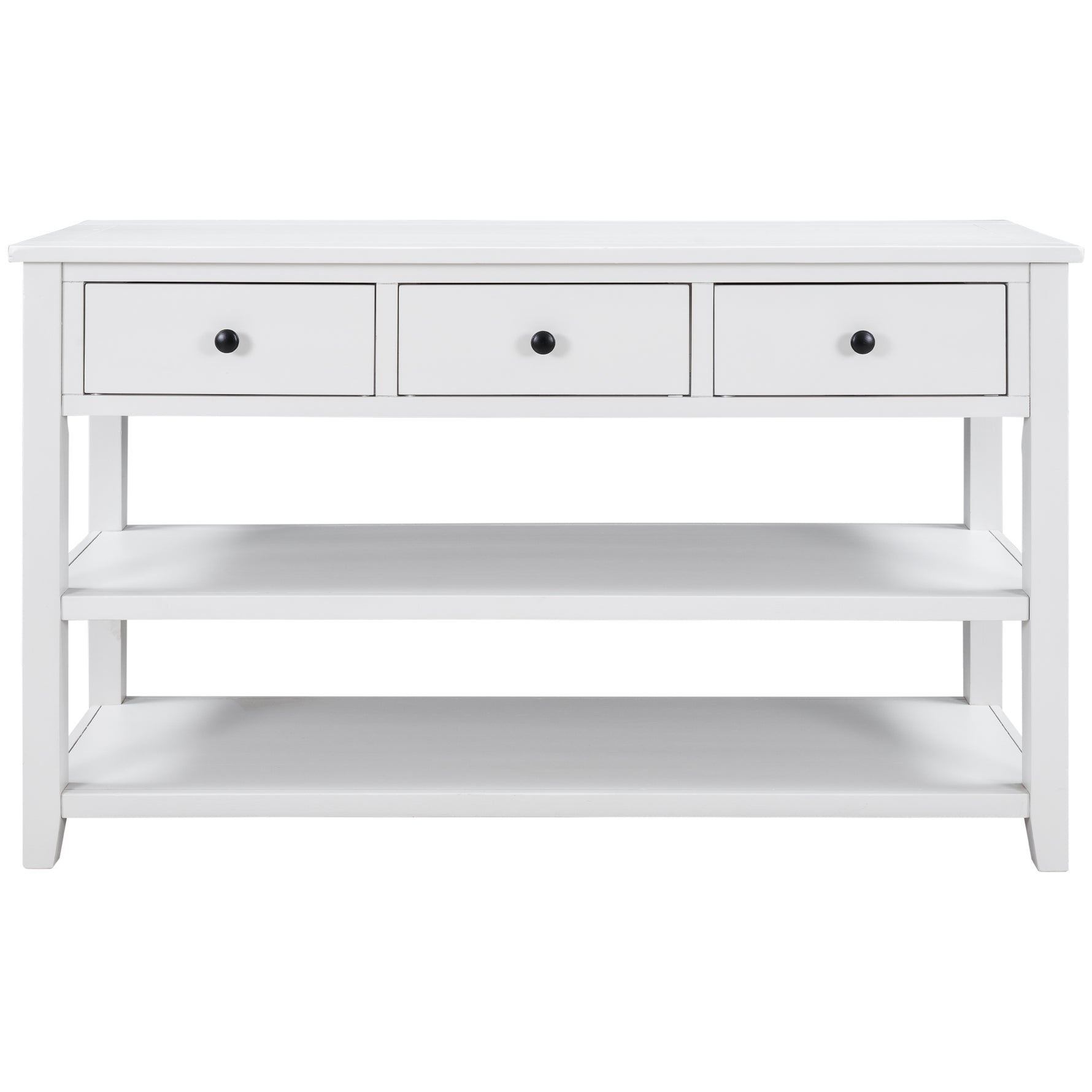 Table console rétro en bois de pin blanc antique avec deux étagères ouvertes, mobilier d'entrée élégant et solide.