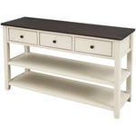 Table console rétro en bois de pin massif avec deux étagères ouvertes, cadre et pieds en bois espresso et beige, pour salon.