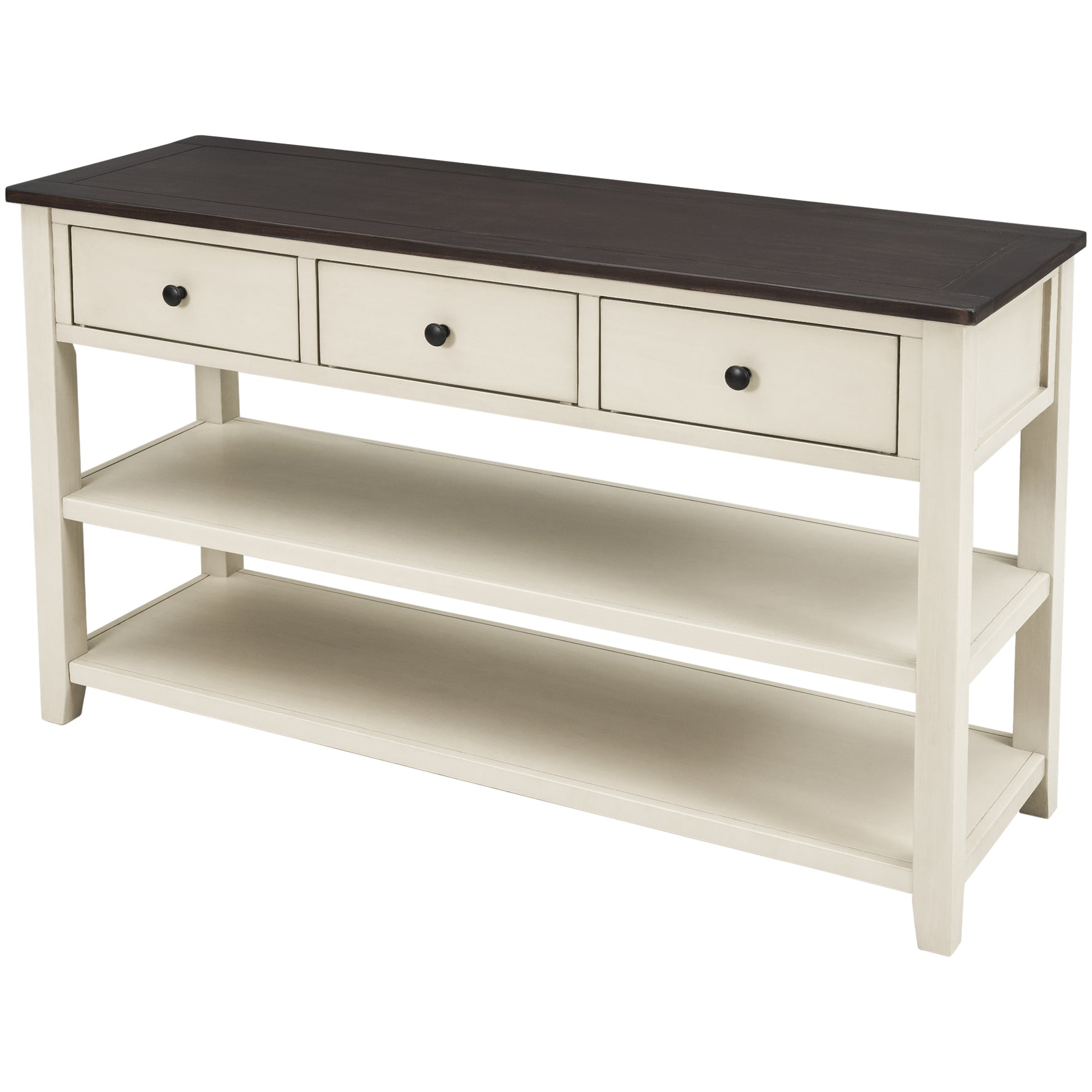Table console rétro en bois de pin massif avec deux étagères ouvertes, cadre et pieds en bois espresso et beige, pour salon.