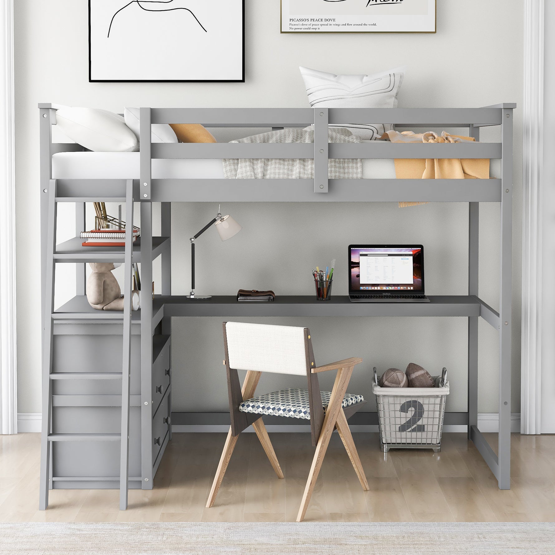 Lit mezzanine double avec bureau, étagères, tiroirs intégrés gris, par eprolo, image montrant la structure et les rangements.