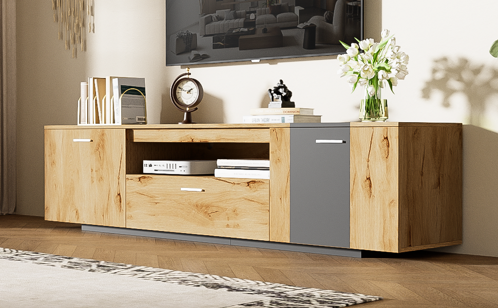 Meuble TV moderne de 70 pouces eprolo avec espace de rangement en bois clair et design épuré pour salon contemporain.