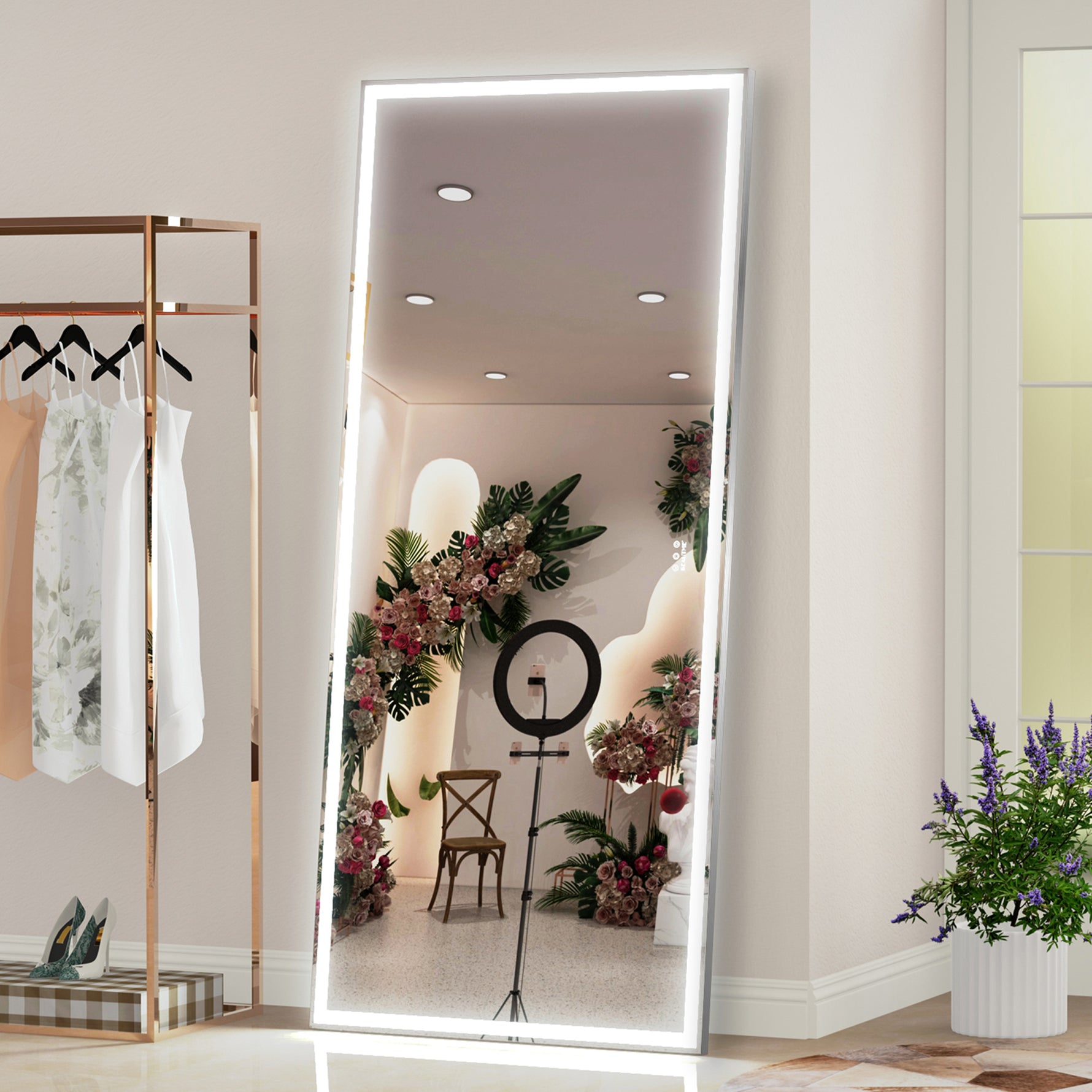 Miroir LED mural pour salle de bain Eprolo, 72x32 pouces, cadre en aluminium, éclairage réglable en 3 couleurs, miroir pleine longueur