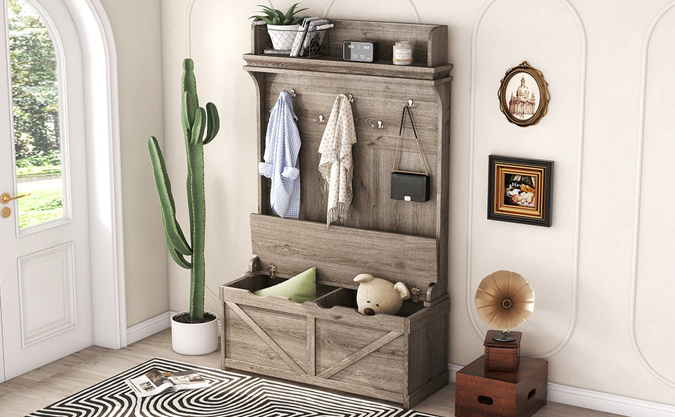 Armoire d'entrée en chêne avec bureau de rangement, 5 crochets, tiroirs et étagère de présentation, par eprolo