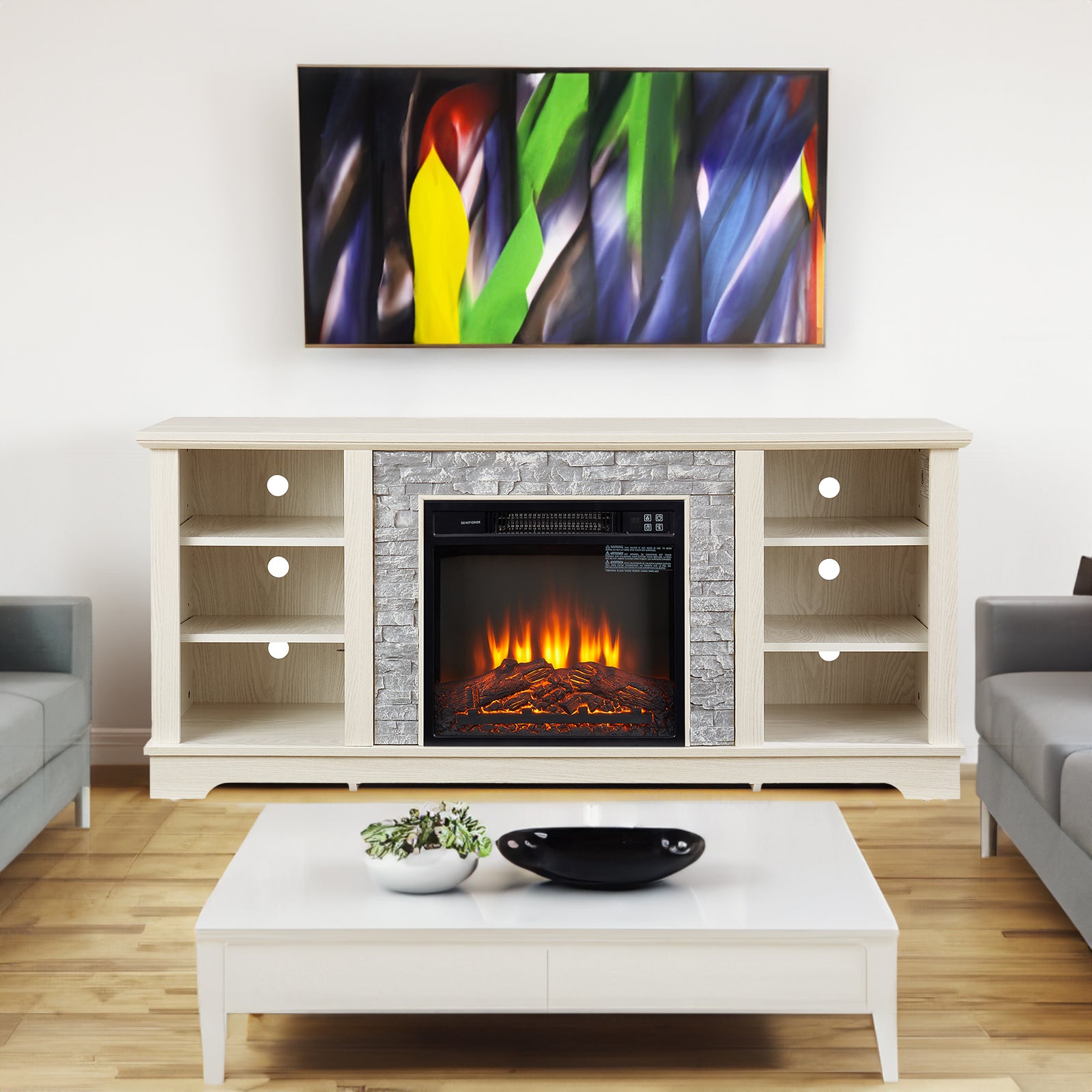 Meuble TV blanc avec cheminée électrique en pierre, espace de rangement ouvert, insert de cheminée de 18 pouces, design moderne.