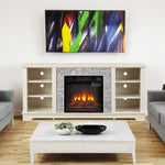 Meuble TV blanc avec cheminée électrique en pierre, espace de rangement ouvert, insert de cheminée de 18 pouces, design moderne.