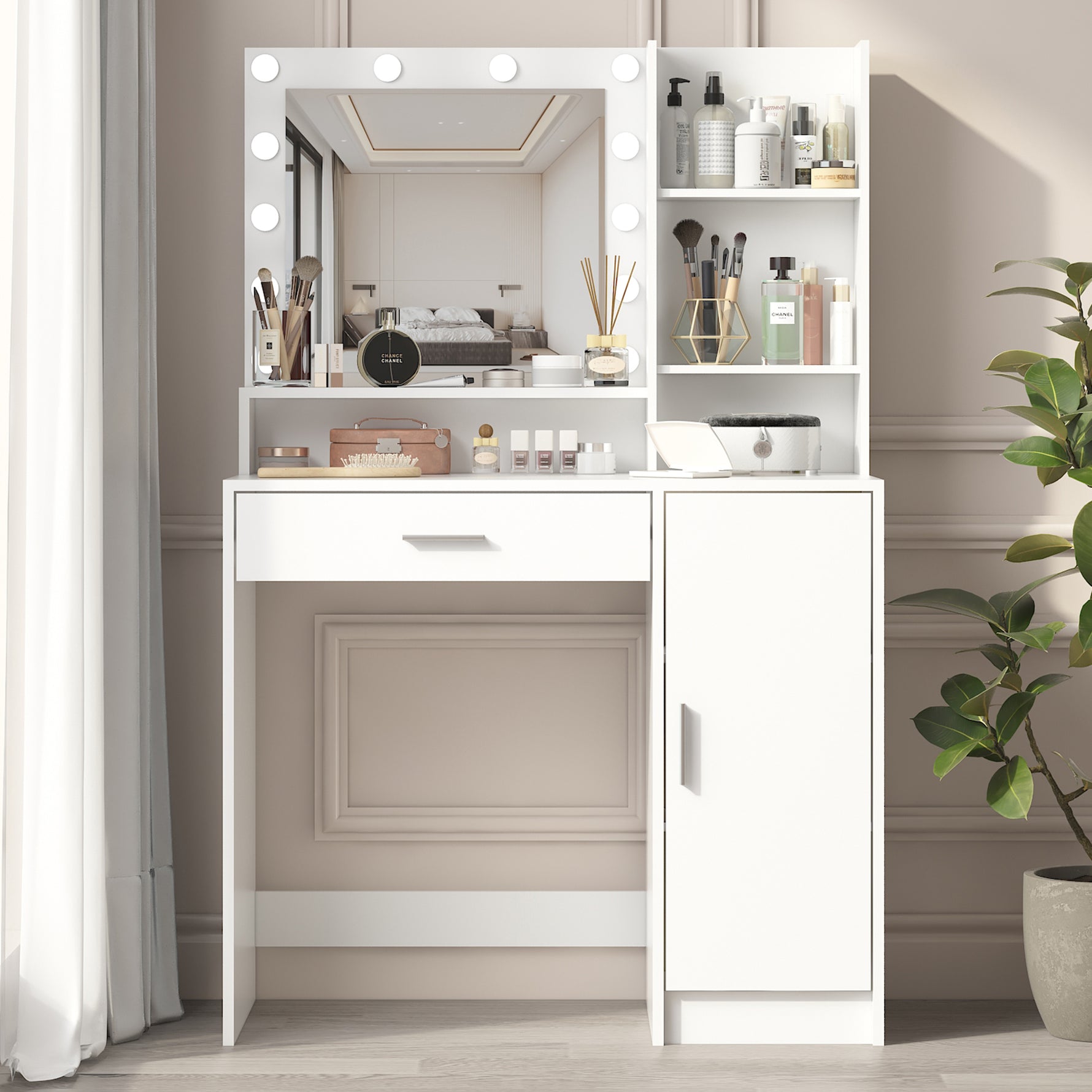 Coiffeuse avec miroir lumineux et espace de rangement, design élégant de la marque eprolo pour maquillage et beauté.