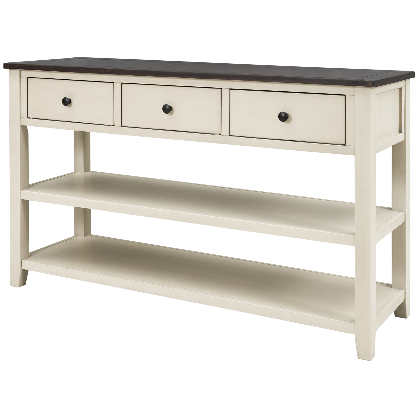 Table console rétro en bois massif de pin avec deux étagères ouvertes, cadre en espresso et beige, pour salon, marque eprolo