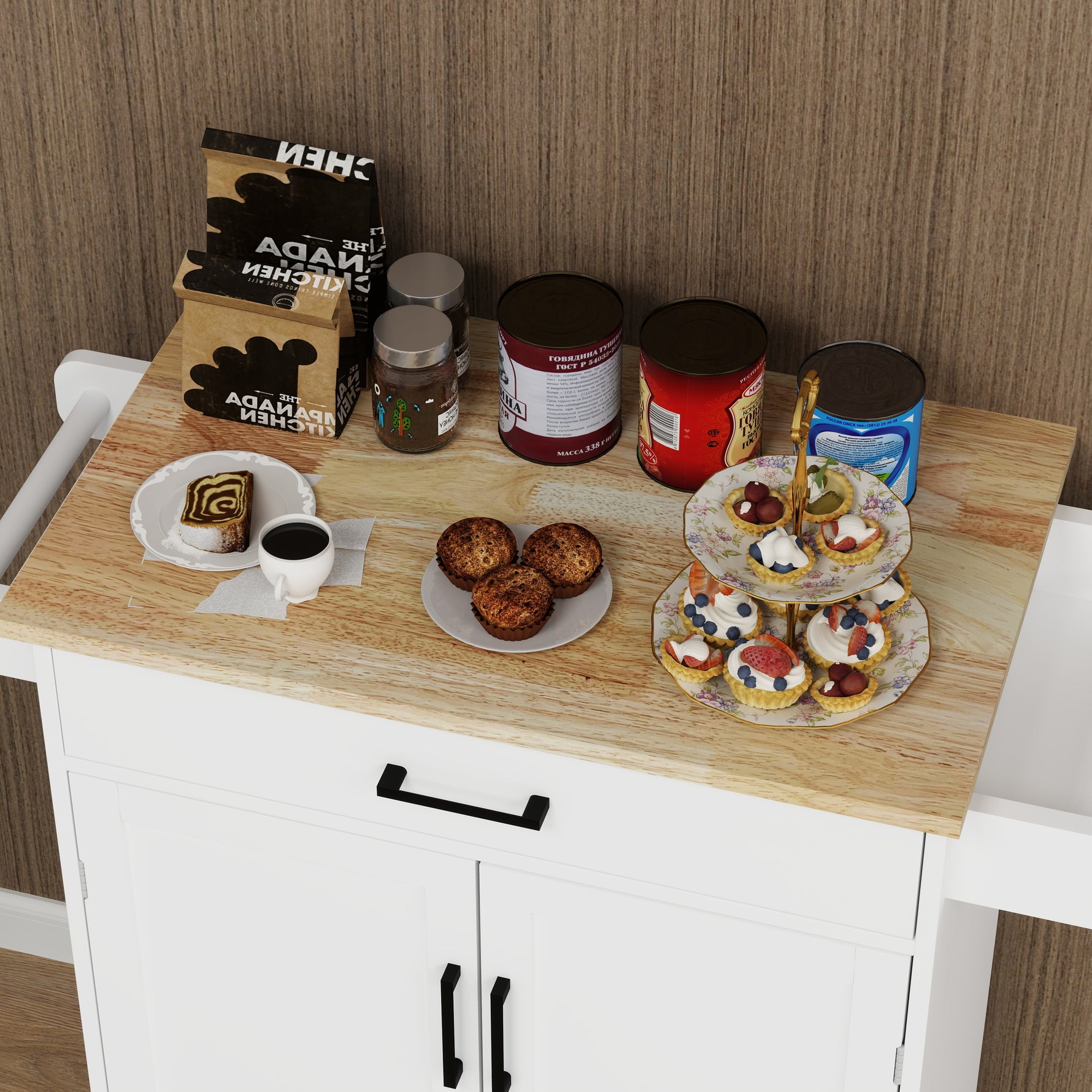Carrefour de cuisine mobile eprolo avec tiroir, portes, étagères réglables et porte-serviettes, en bois ou métal.