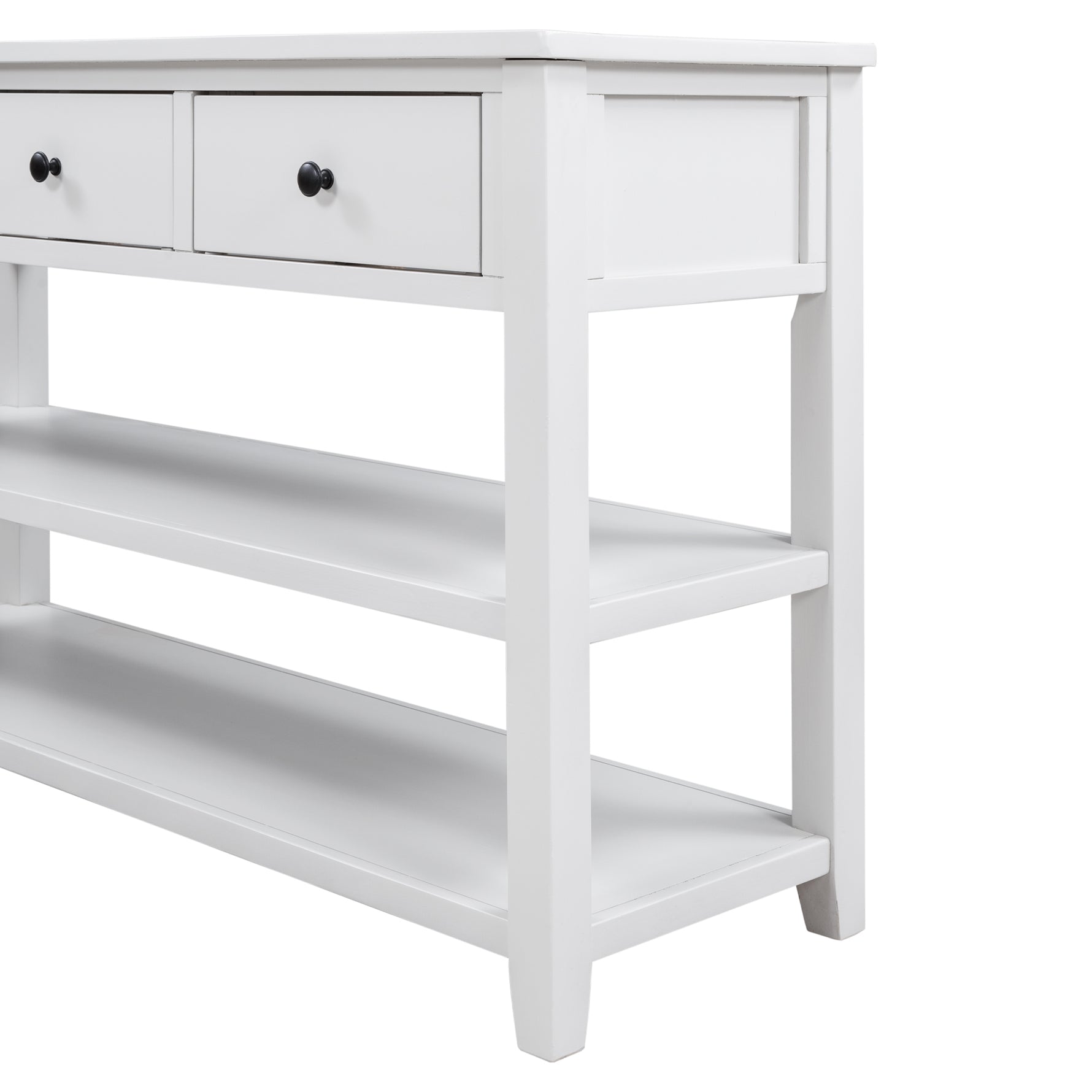 Table console rétro en bois de pin massif blanc antique avec deux étagères ouvertes, mobilier d'entrée eprolo.