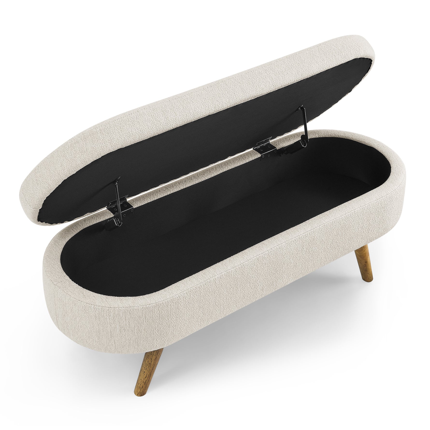 Banquette ottomane ovale beige avec rangement et pieds en bois de caoutchouc, dimensions 43,5"x16"x16" eprolo