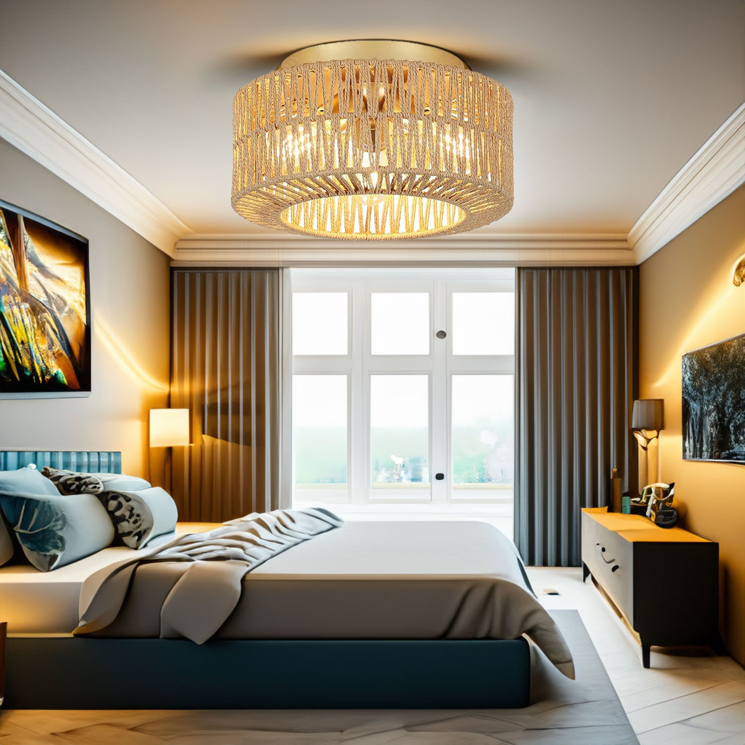 Plafonnier eprolo style bohème avec 3 lumières, abat-jour en rotin tressé, montage au plafond, décoration rustique et naturelle
