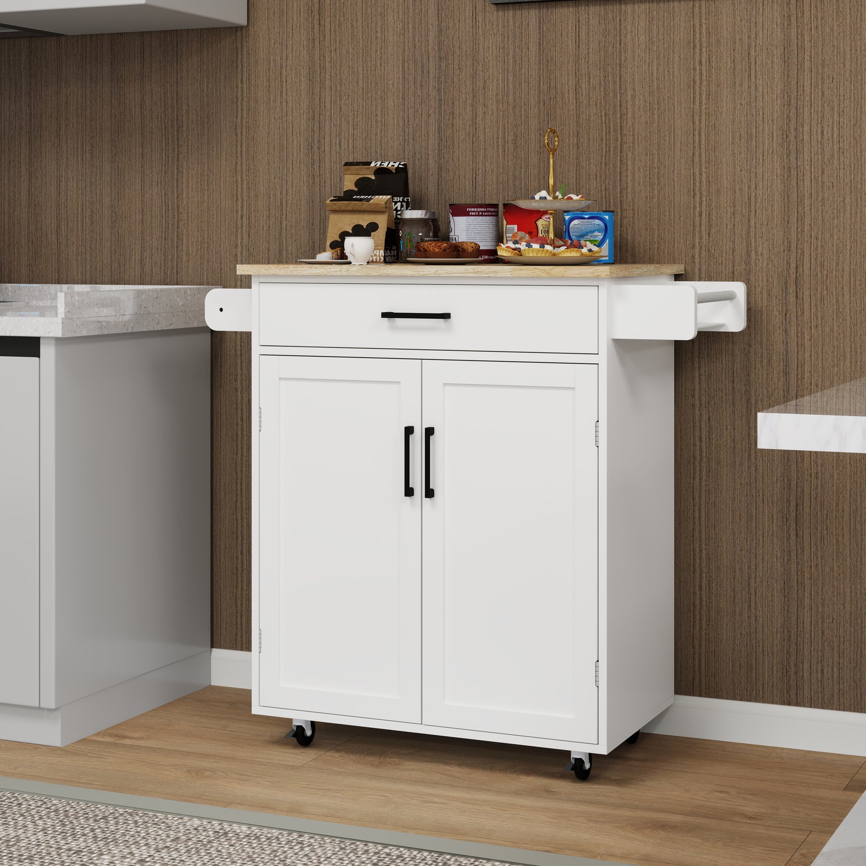 Mobilier d'entrée eprolo, îlot de cuisine roulant avec tiroir, portes, étagères ajustables et porte-serviettes.