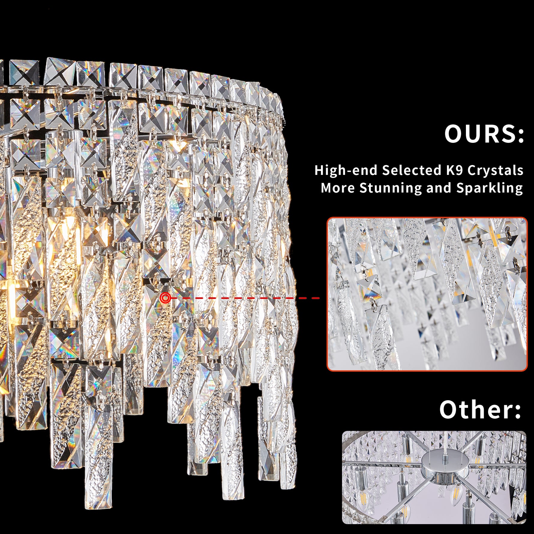 Lustre rond en cristal argenté de luxe de la marque eprolo, avec des détails en verre brillant suspendus.