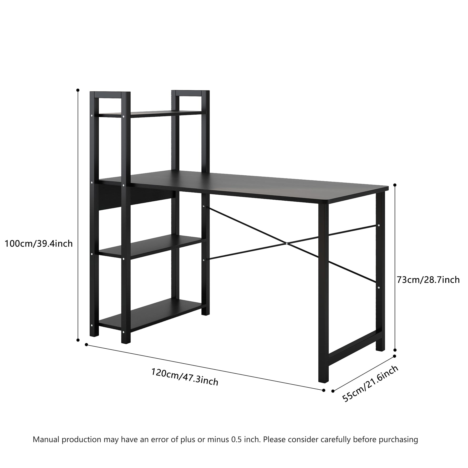 Bureau eprolo en métal et bois avec cadre en acier, espace pour ordinateur, 4 étagères de rangement, pour étudiant.