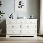 Commode moderne blanche à 3 tiroirs avec poignées en métal, dimensions 47,6" x 15,7" x 26,6", rangement pour vêtements.