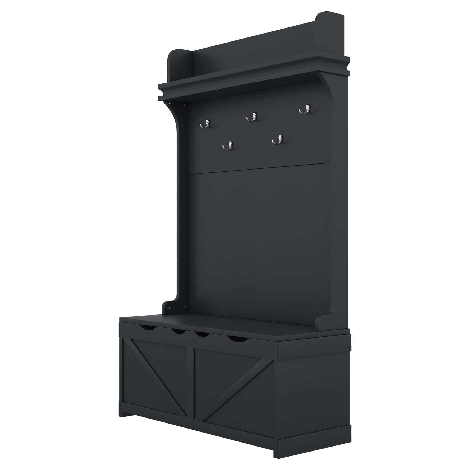 Armoire d'entrée eprolo avec bureau de rangement, tiroirs, 5 crochets et étagère, en bleu foncé, vue de face.
