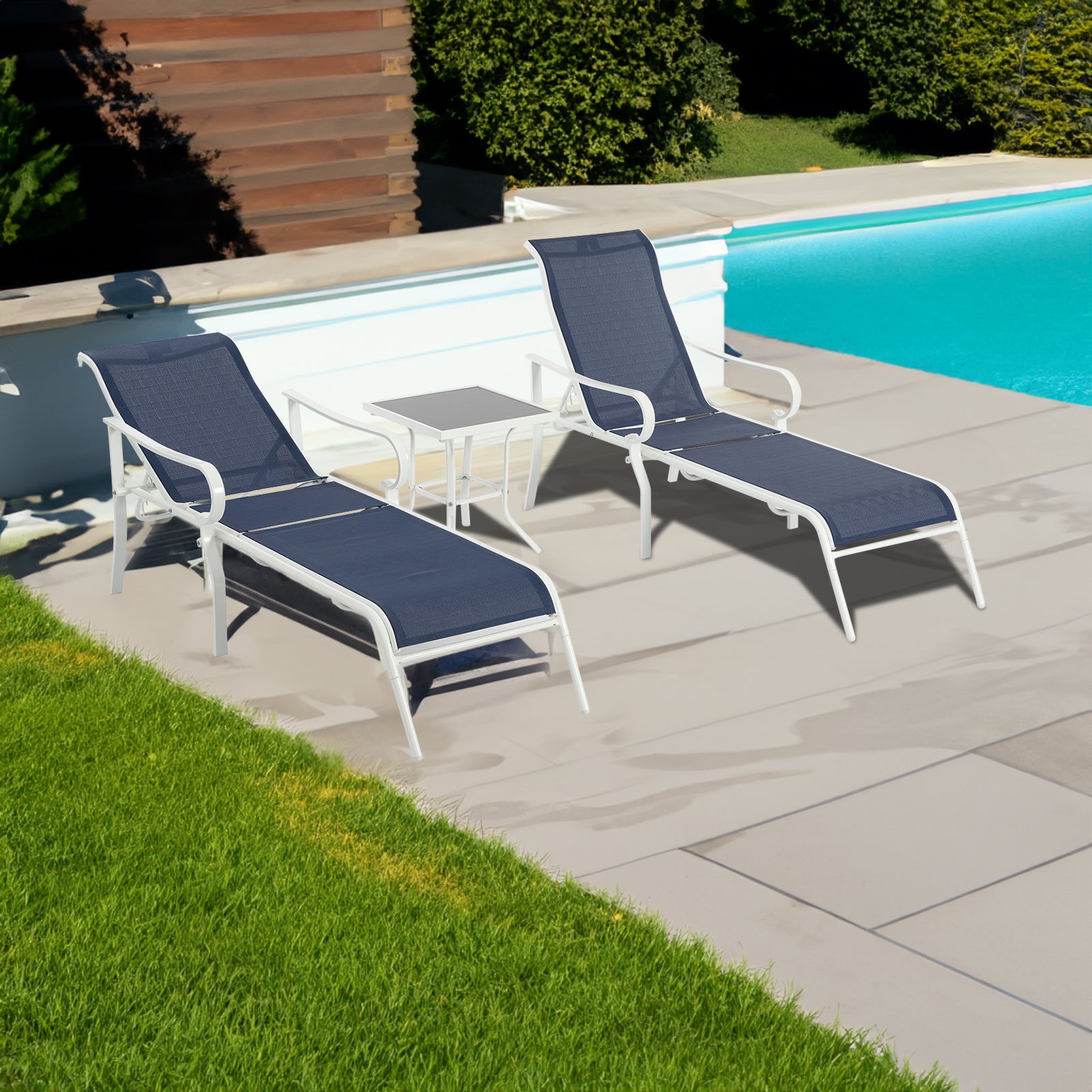 Set de 3 chaises extérieures eprolo avec cadres en acier, dossier ajustable, coloris blanc et bleu, parfait pour terrasse et jardin.