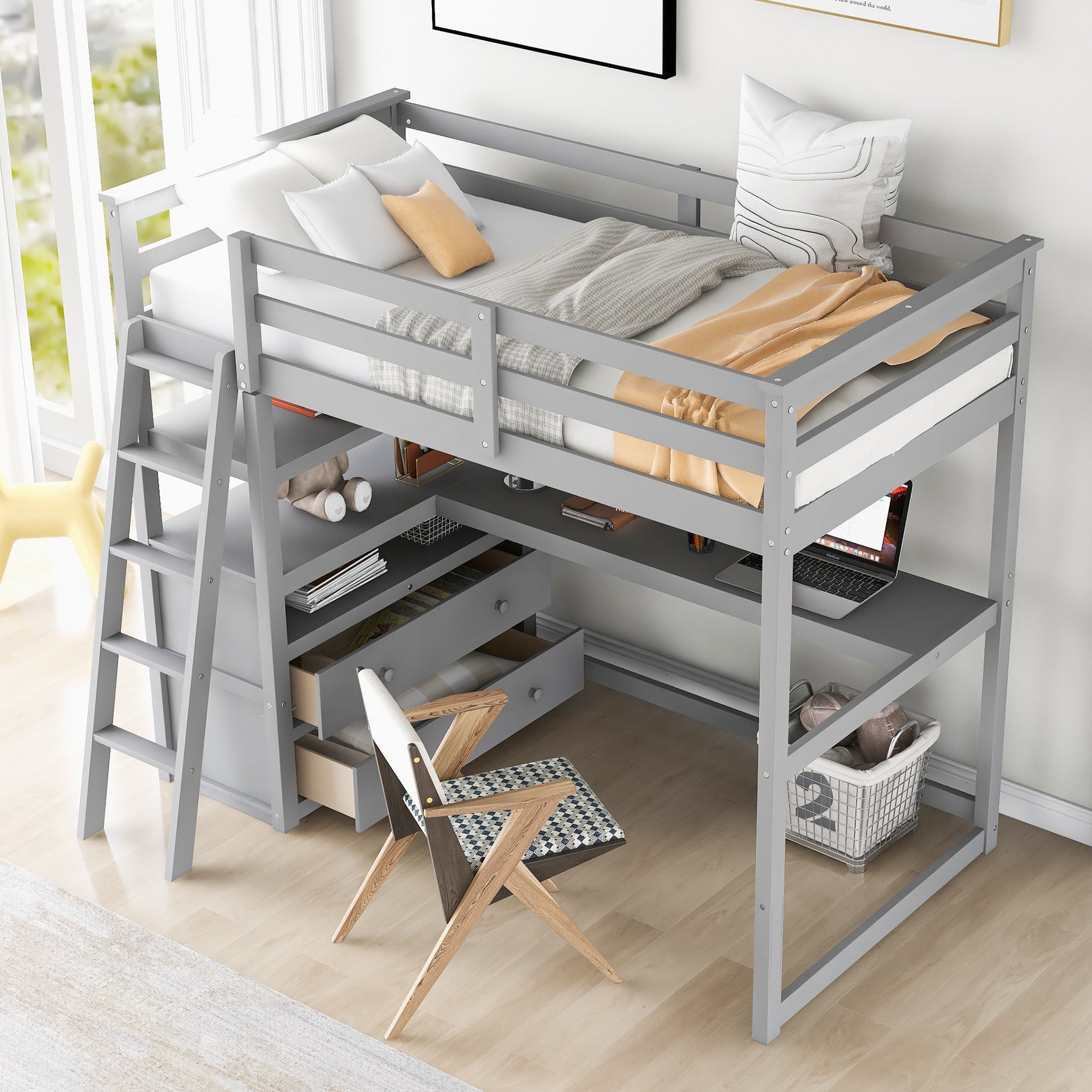 Lits superposés double avec bureau, étagères et tiroirs intégrés, couleur gris, marque eprolo, pour chambre d'enfant ou ado.