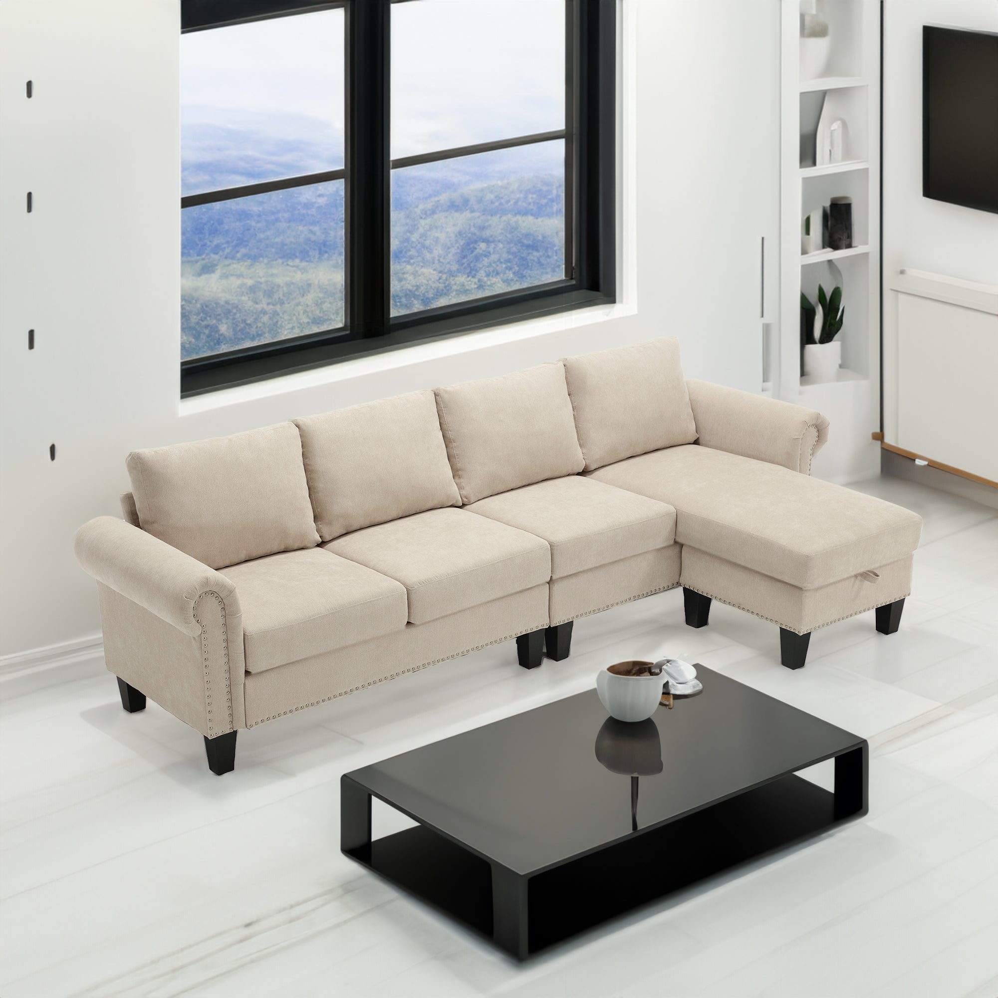 Canapé d'angle convertible eprolo en tissu beige avec rangement, canapé moderne 4 places, sectionnel L-shaped.