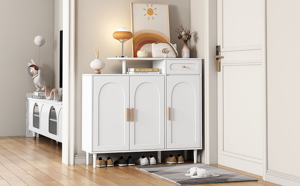 Meuble d'entrée blanc eprolo avec portes arquées, tiroirs, panneaux de rangement, étagères ajustables et pieds en bois massif
