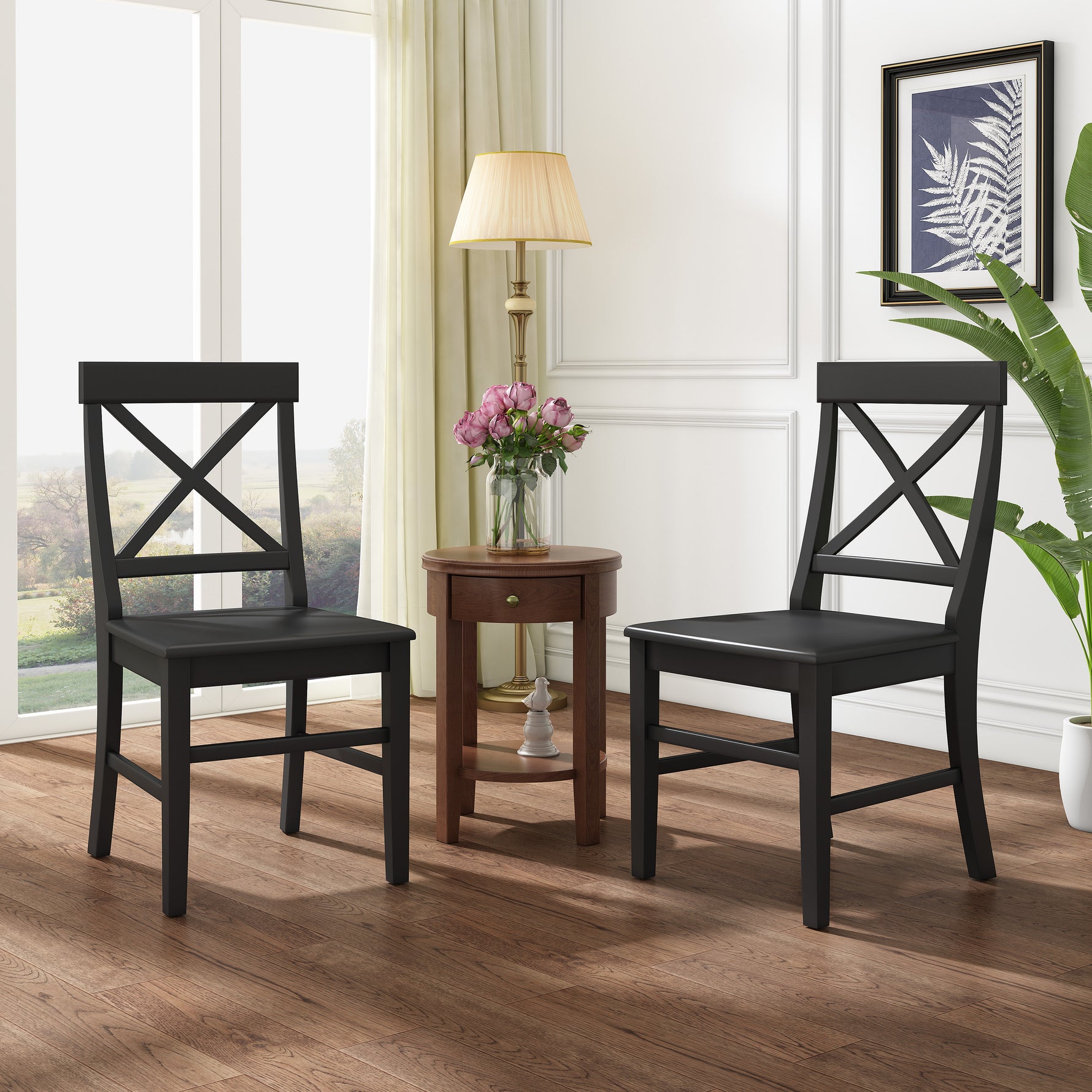 Chaise de salle à manger en acacia noire Roshan, lot de 2, style ferme, avec dossier, par eprolo, design élégant et robuste.