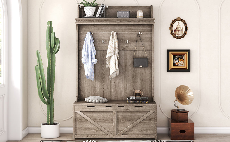 Armoire d'entrée en chêne avec bureau de rangement, 5 crochets et étagère de présentation, par eprolo