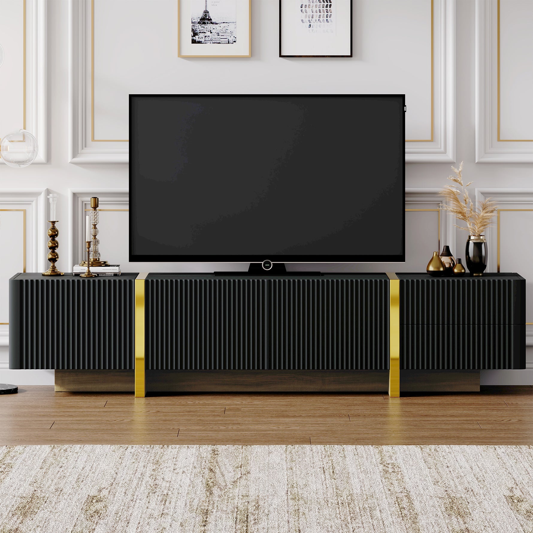 Meuble TV luxueux en bois noir pour téléviseurs jusqu'à 80 pouces, avec rangements et tiroirs modernes, marque eprolo.