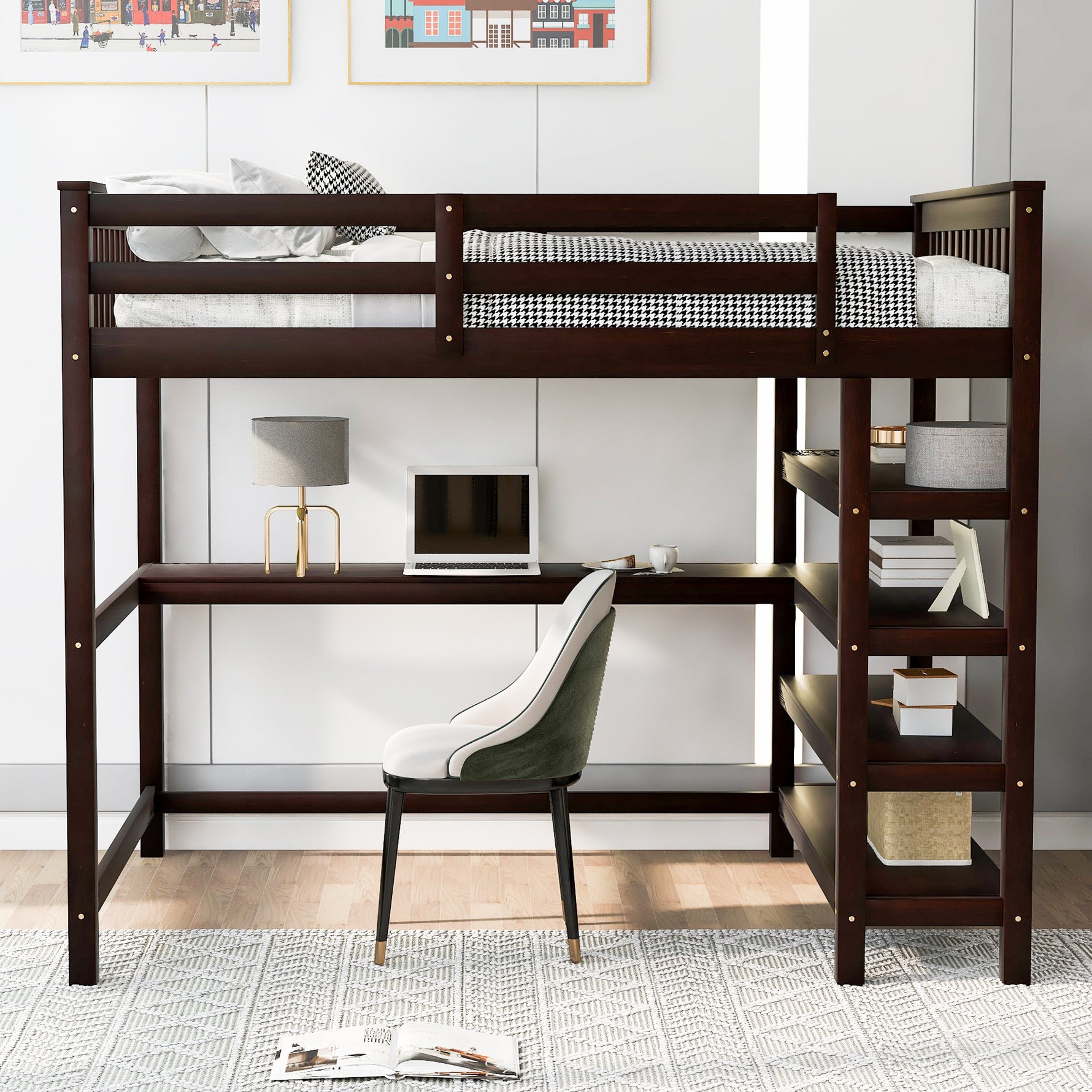 Lit mezzanine complet avec rangements, bureau dessous, finition espresso, par eprolo, vue d'ensemble du mobilier pour chambre d'enfant
