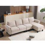 Canapé d'angle convertible en lin beige avec rangement, sofa modulable en forme de L pour quatre personnes, marque eprolo