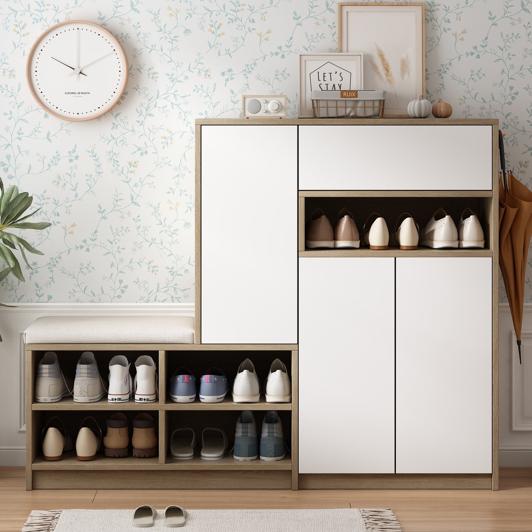 Meuble de rangement pour chaussures ON-TRANS eprolo, plateforme 2-en-1 avec sièges rembourrés et étagères ajustables, blanc