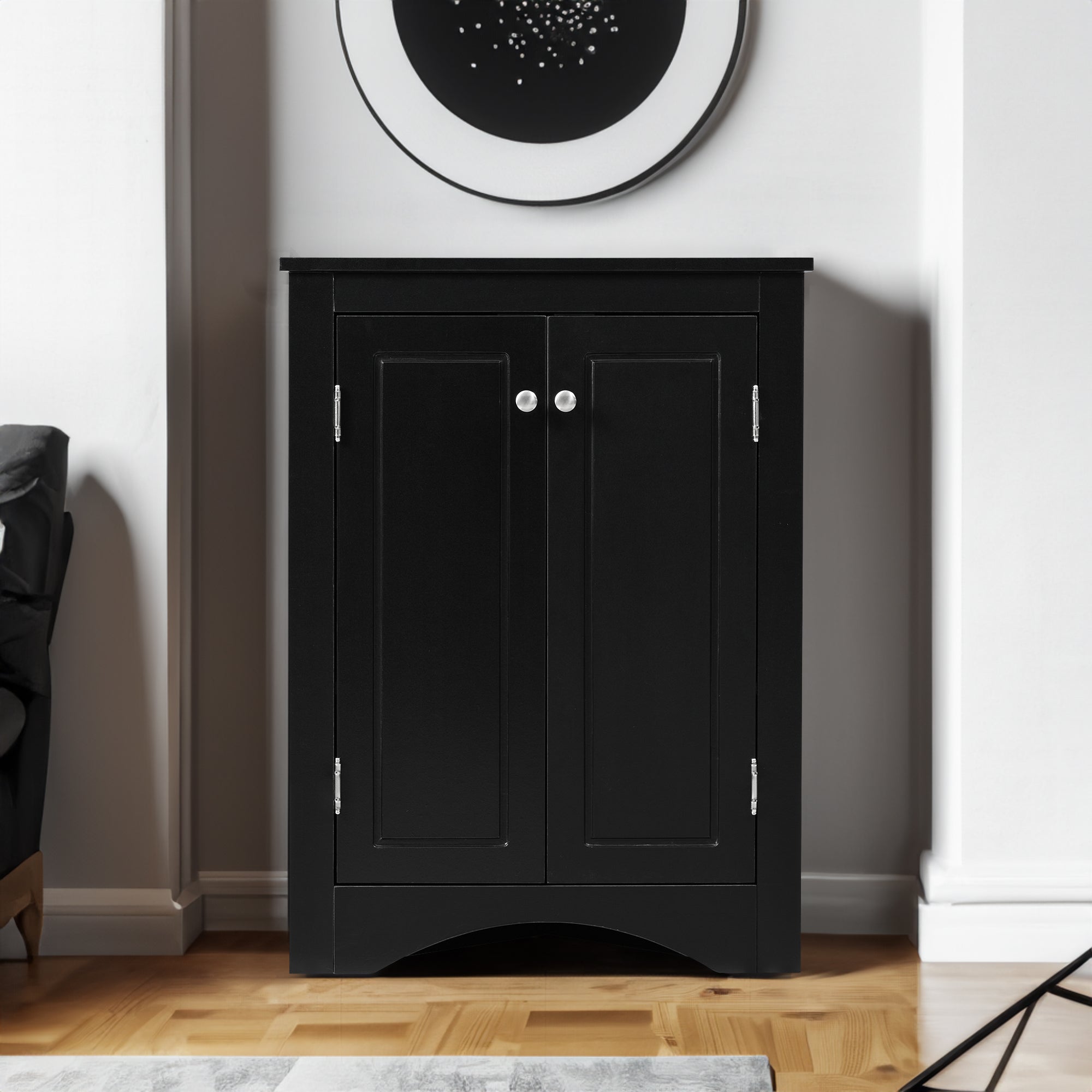 Armoire de rangement noire en forme de triangle avec étagères réglables, meuble autonome pour salle de bain ou cuisine, eprolo