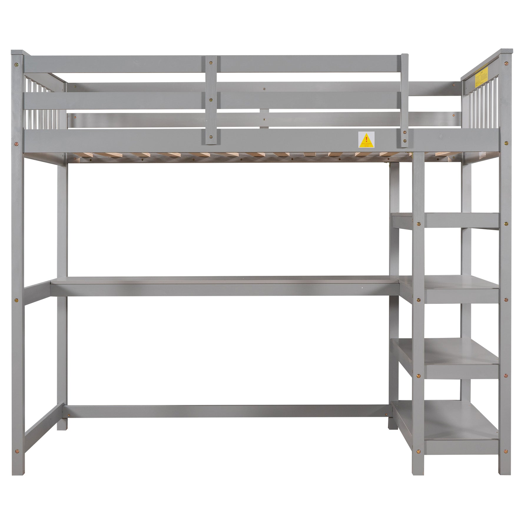 Lit mezzanine double avec rangements gris eprolo, étagères intégrées et bureau sous le lit, vue de l'angle.