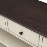 Console design rétro en bois massif de pin avec deux étagères ouvertes, cadre et pieds espresso et beige, pour salon.