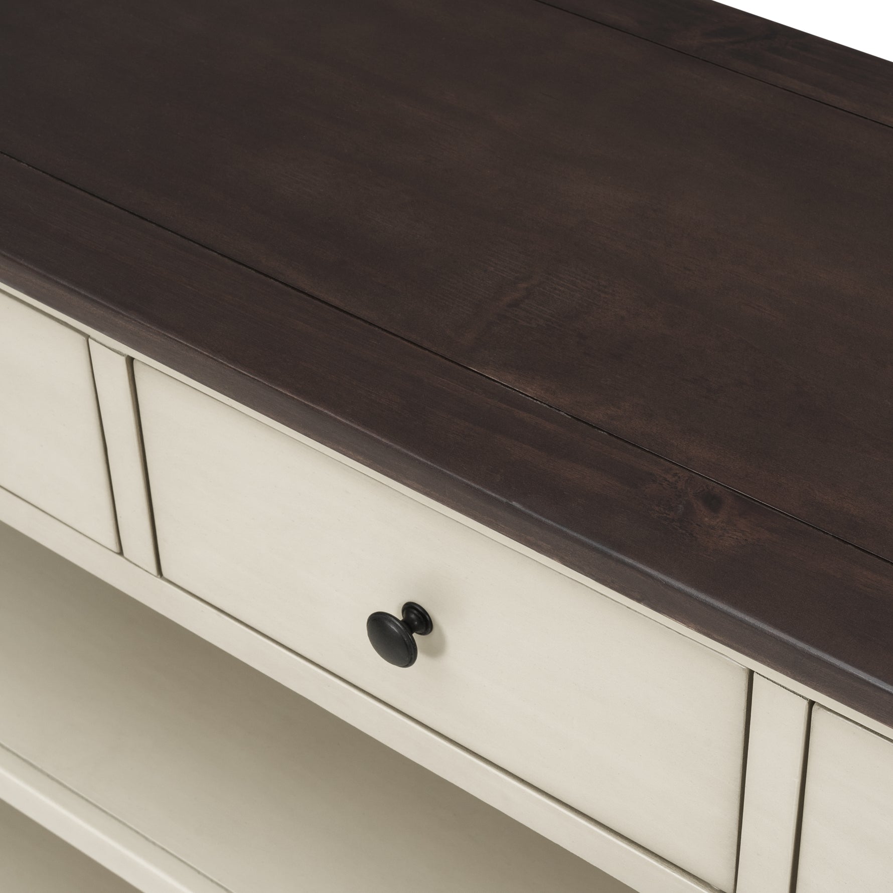 Console design rétro en bois massif de pin avec deux étagères ouvertes, cadre et pieds espresso et beige, pour salon.