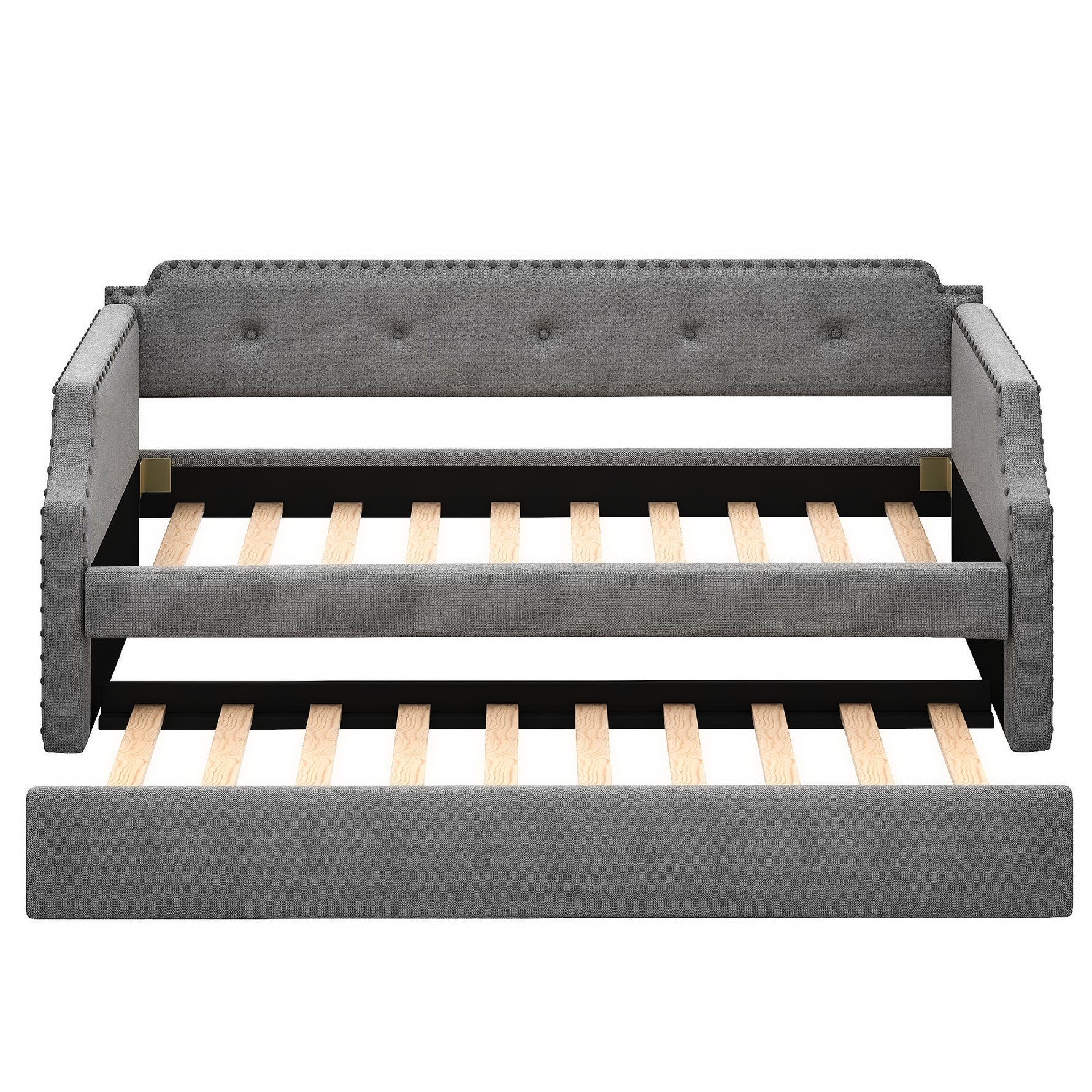 Canapé-lit rembourré avec tiroir de rangement eprolo, design moderne, tissu gris clair, prêt à accueillir des invités.