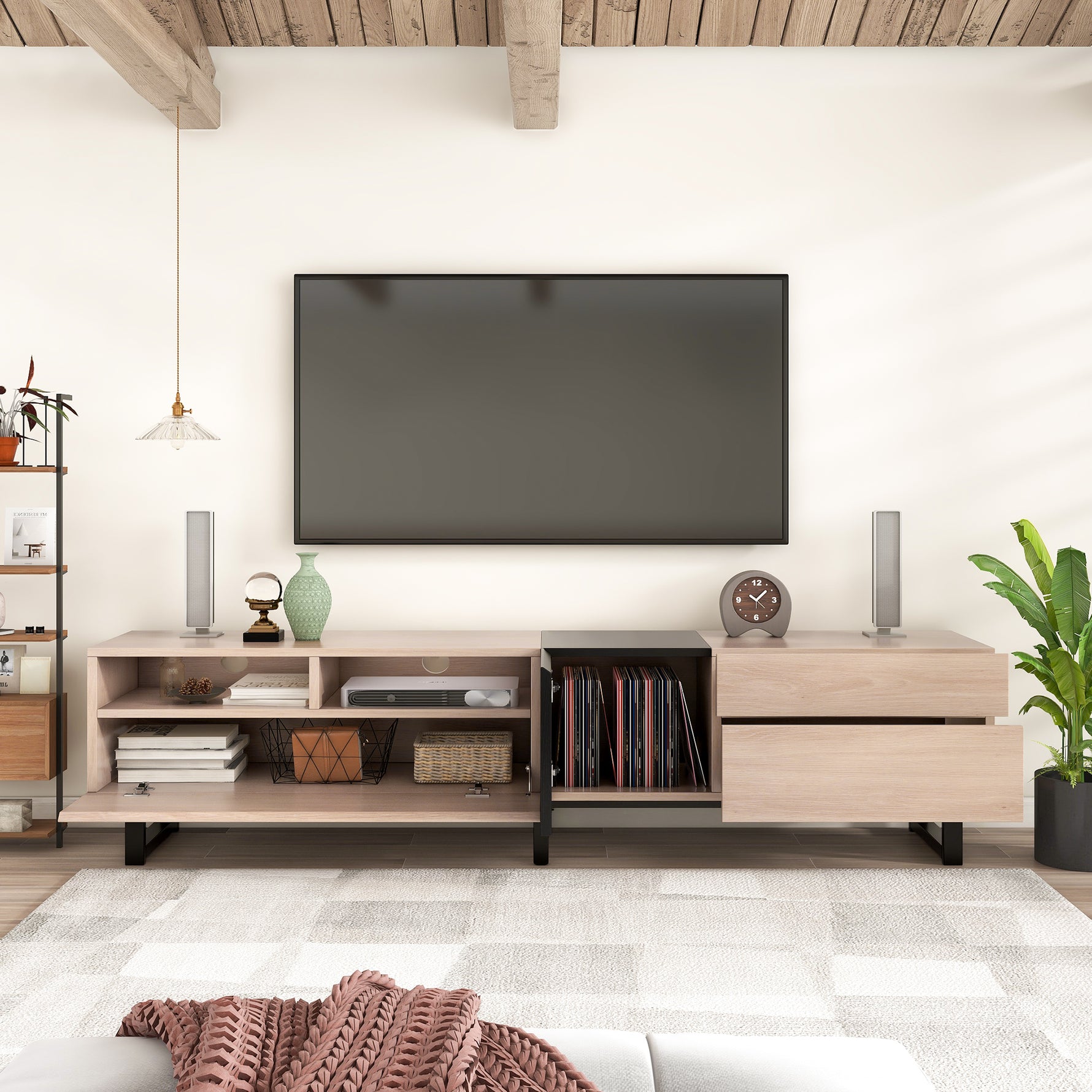 Meuble TV moderne en bois avec espace de rangement, conçu par eprolo, visible avec portes et étagères dans un salon contemporain