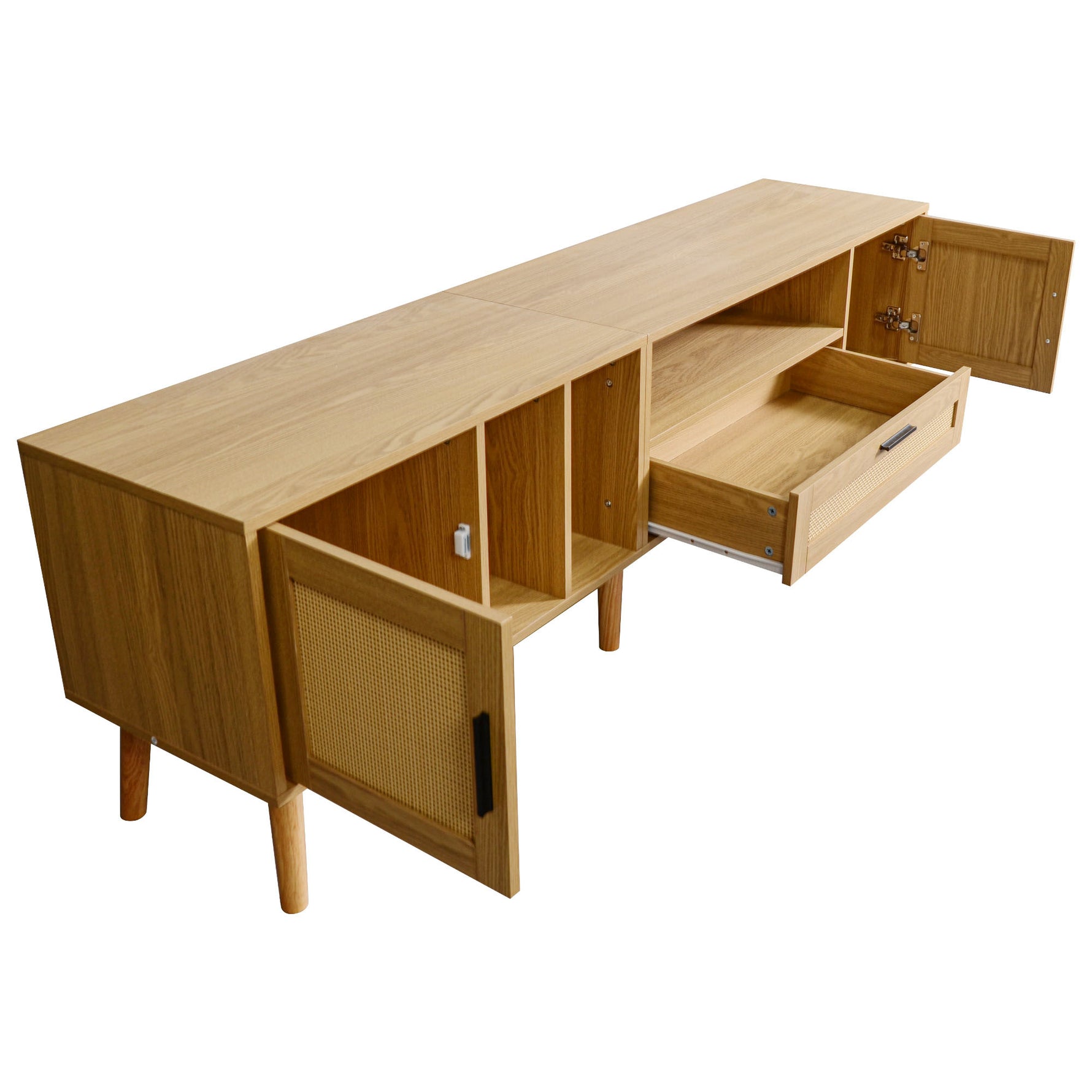 Support TV en bois naturel de style moderne, avec espace de rangement, signé eprolo, visible dans une pièce élégante.