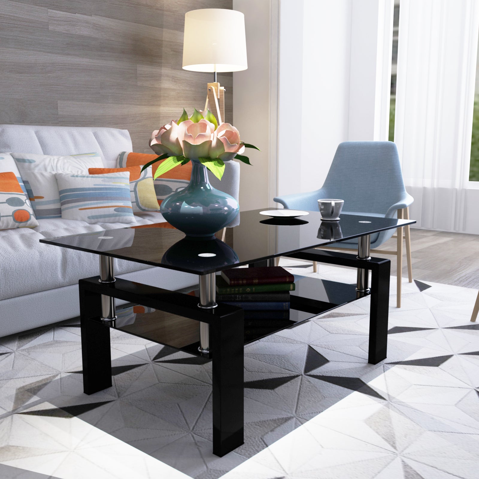 Table basse rectangulaire en verre noir pour salon, design moderne, table d'appoint centrale en verre clair, meuble de salon eprolo