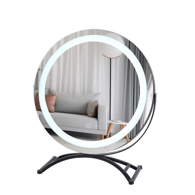 Miroir de maquillage rond noir avec LED pour bureau, marque eprolo, reflet clair et élégant sur la surface.