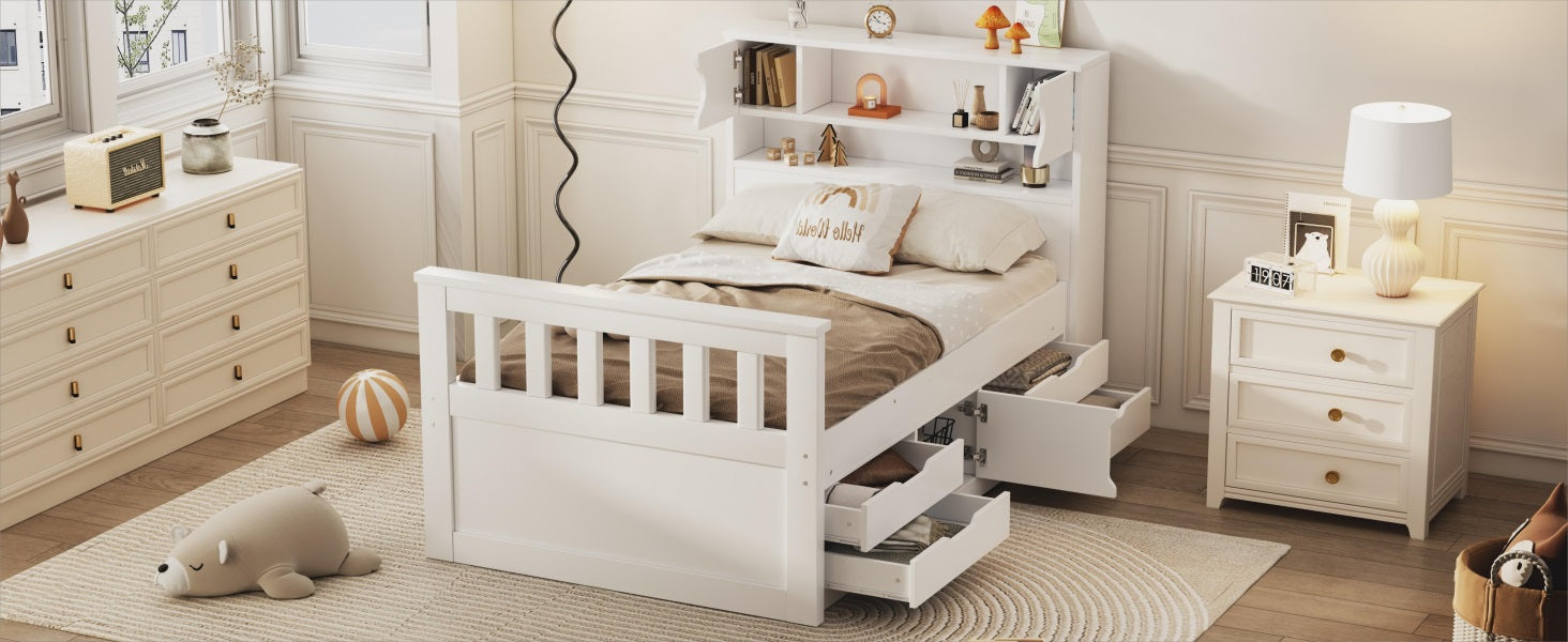 Cadre de lit plateforme double eprolo blanc avec rangements, étagères, étagères, et quatre tiroirs, style moderne et pratique.