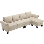 Canapé d'angle convertible eprolo en lin beige avec espace de rangement, sofa modulable en forme de L pour quatre personnes