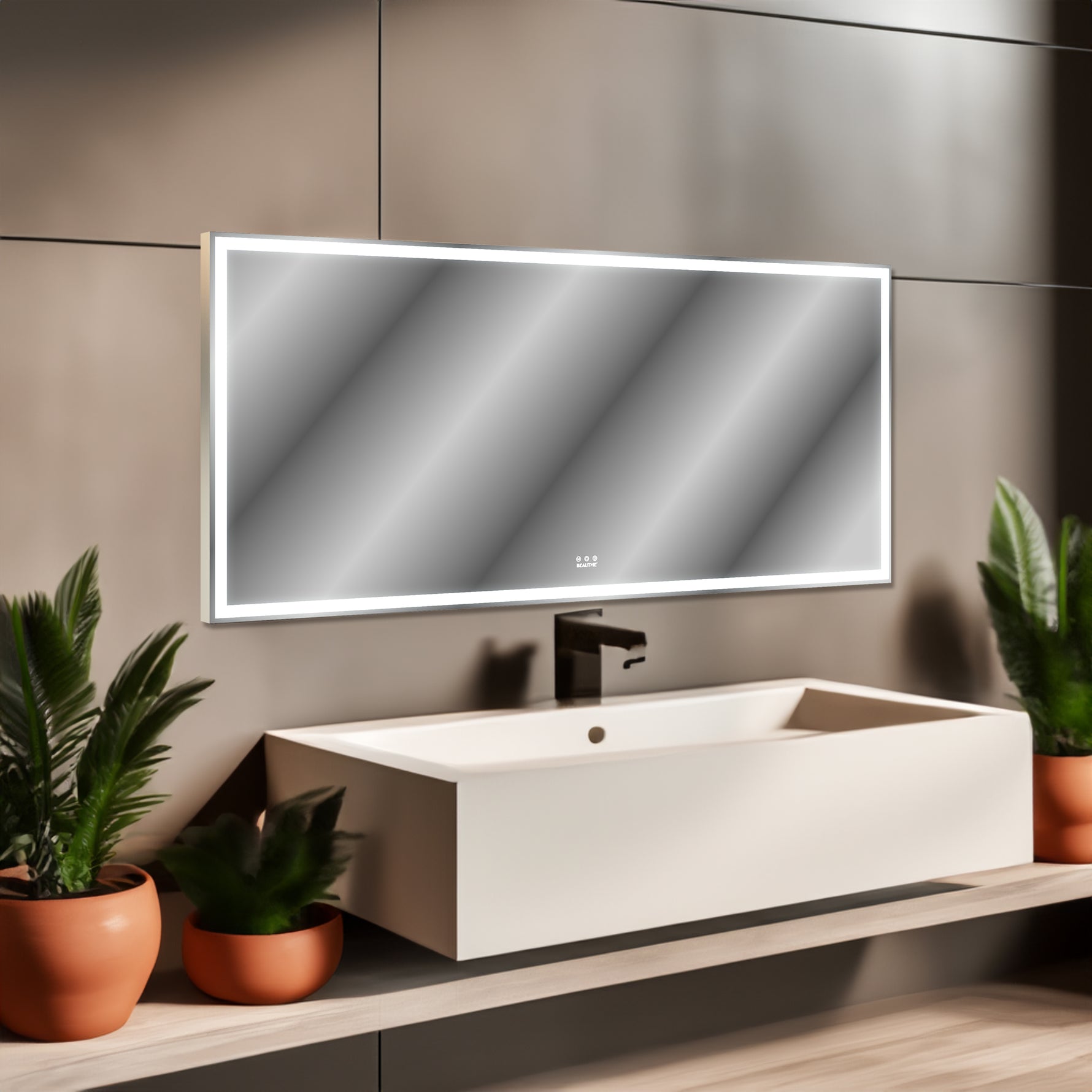 Miroir LED grand format 72x32 pouces avec cadre en aluminium, éclairage mural, 3 modes de couleur, miroir pleine longueur.