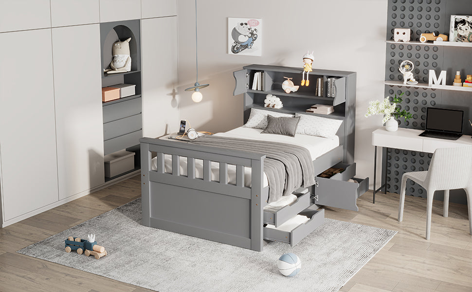 Cadre de lit double eprolo gris avec rangements, étagères, bibliothèque et quatre tiroirs, design pratique et moderne.