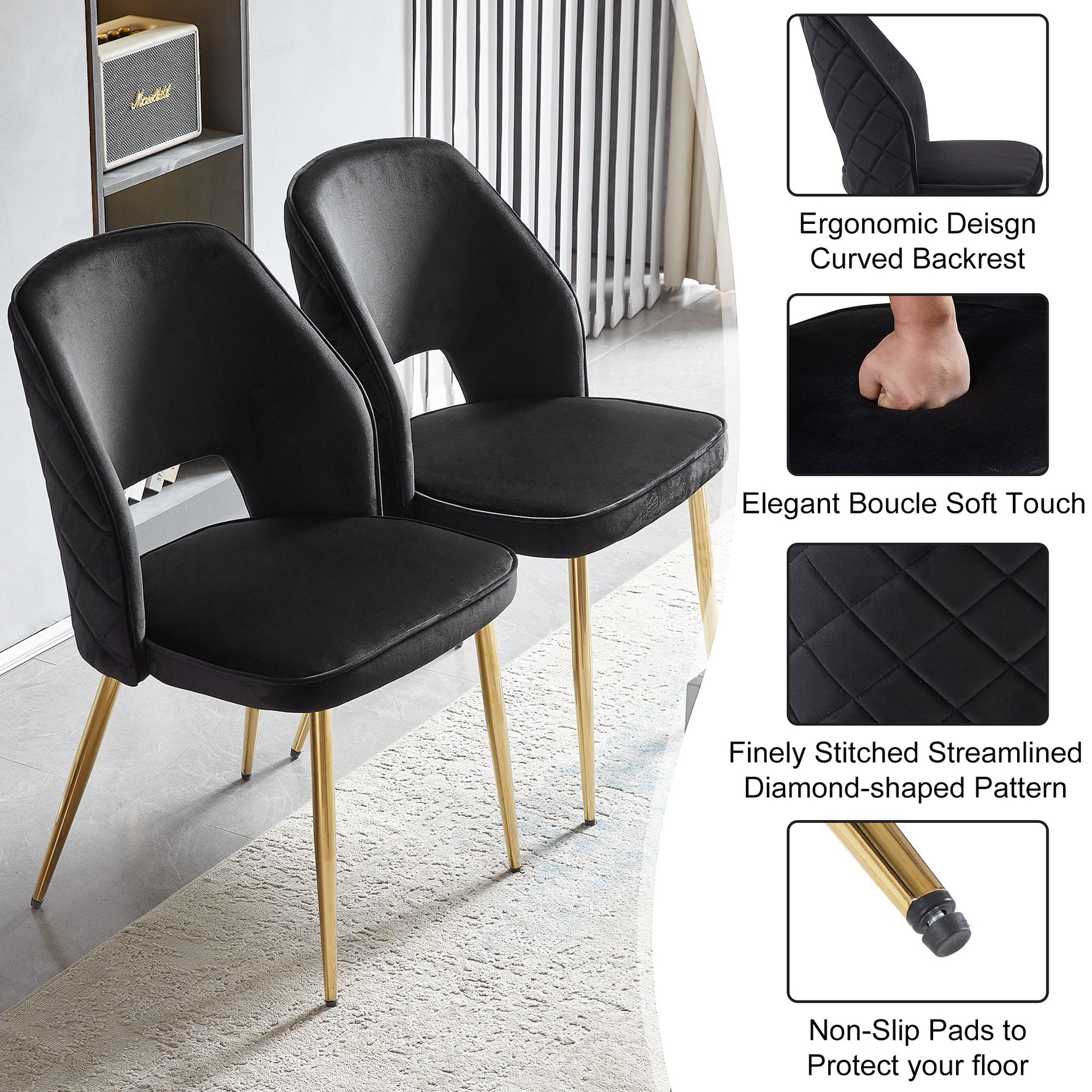 Ensemble de 4 chaises de salle à manger en velours noir avec jambes en métal et dossier creux, style moderne eprolo.