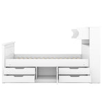 Cadre de lit double blanc eprolo avec rangements, étagères, livres et quatre tiroirs, style plateforme et capitonné.